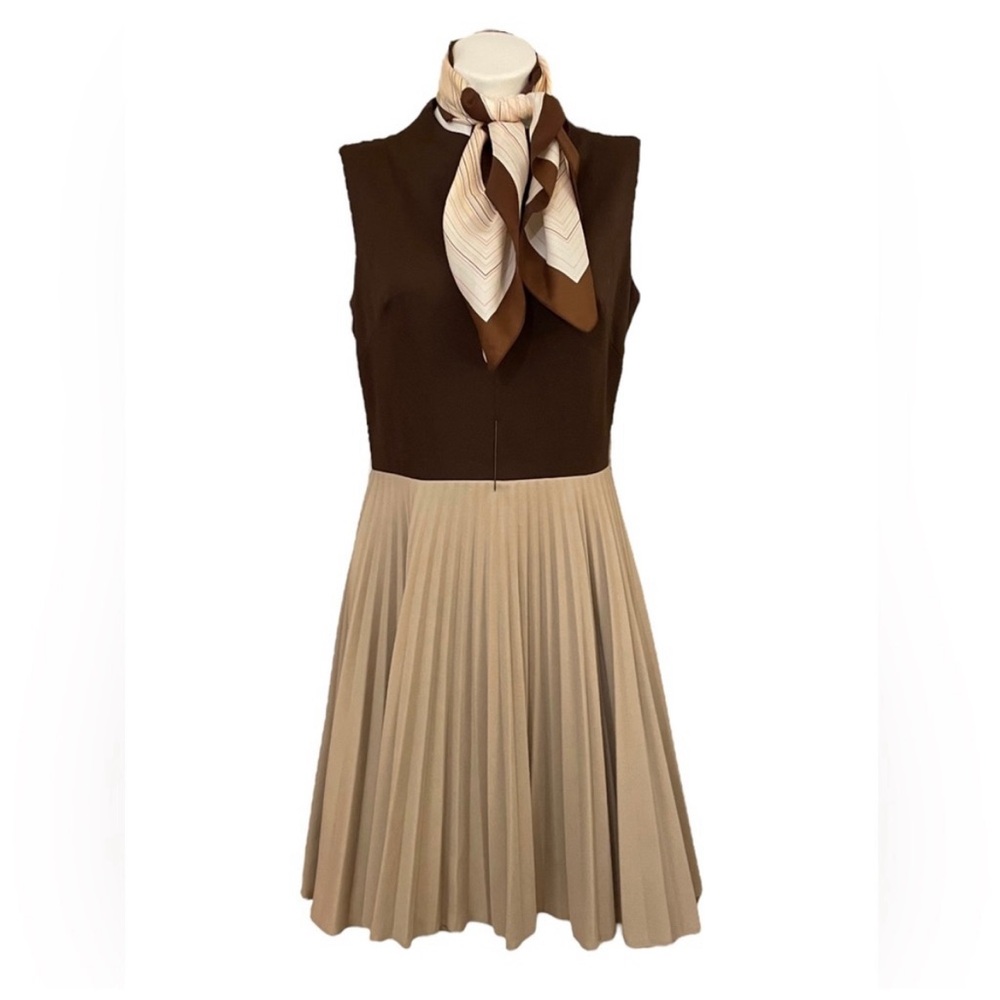 Vintage 60’s 70’s Sleeveless Pleated A-line Mod Midi Dress w/FREE Scarf
